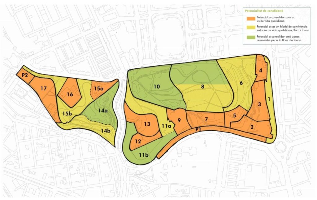 mapa del pla de gestió on es mostren les zones del parc que poden ser destinades a la biodiversitat, a les activitats dels ciutadans o a les dues